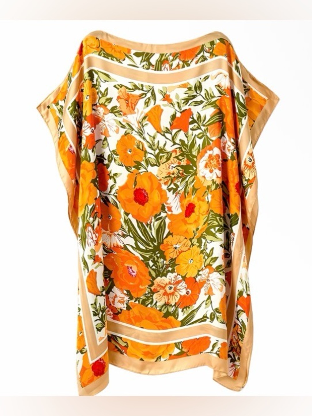 Vibrant Orange Floral Tunic Top with Cream Border
